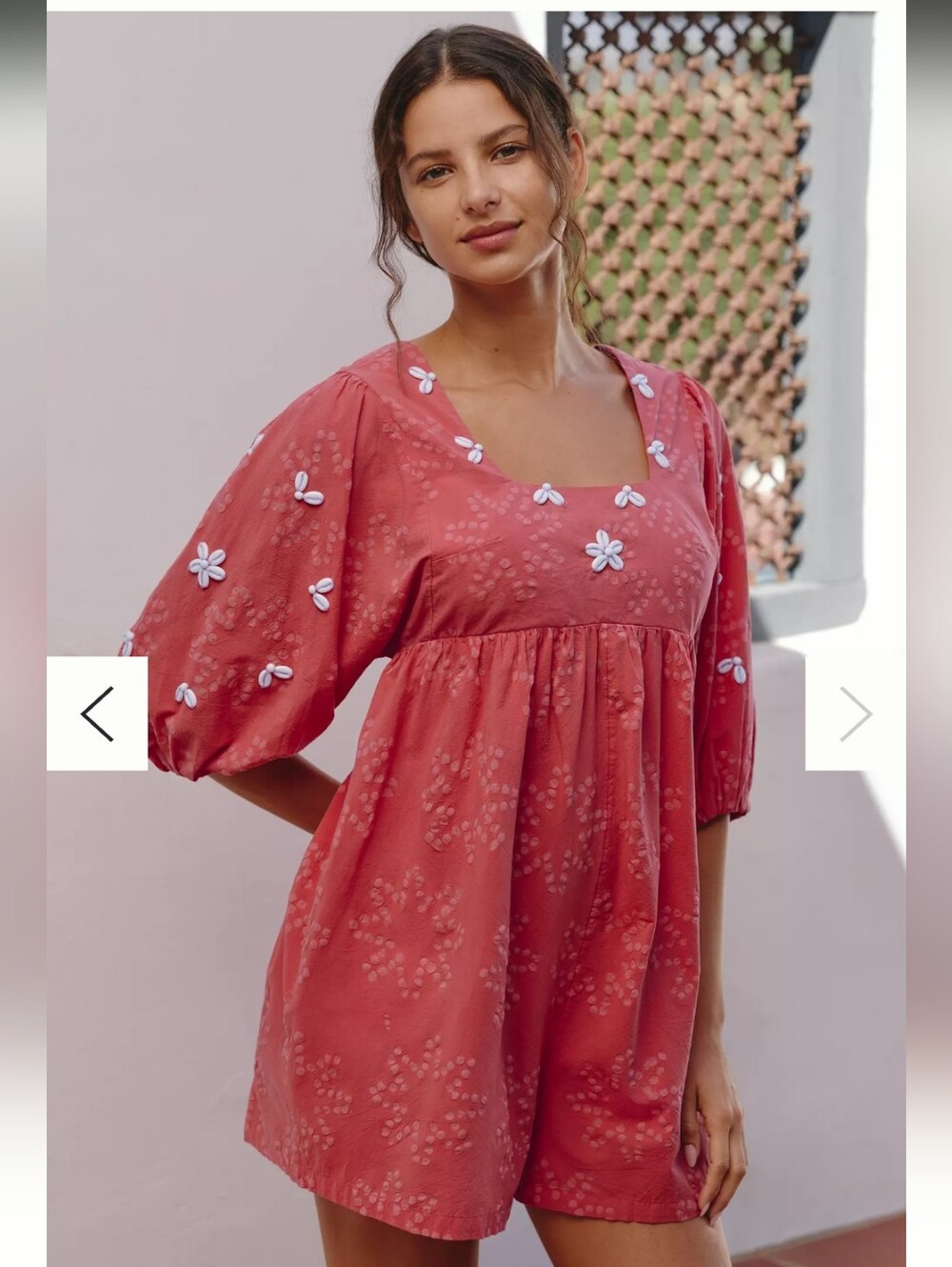 Anthropologie Celandine Coral Red Puff-Sleeve Square-Neck Romper